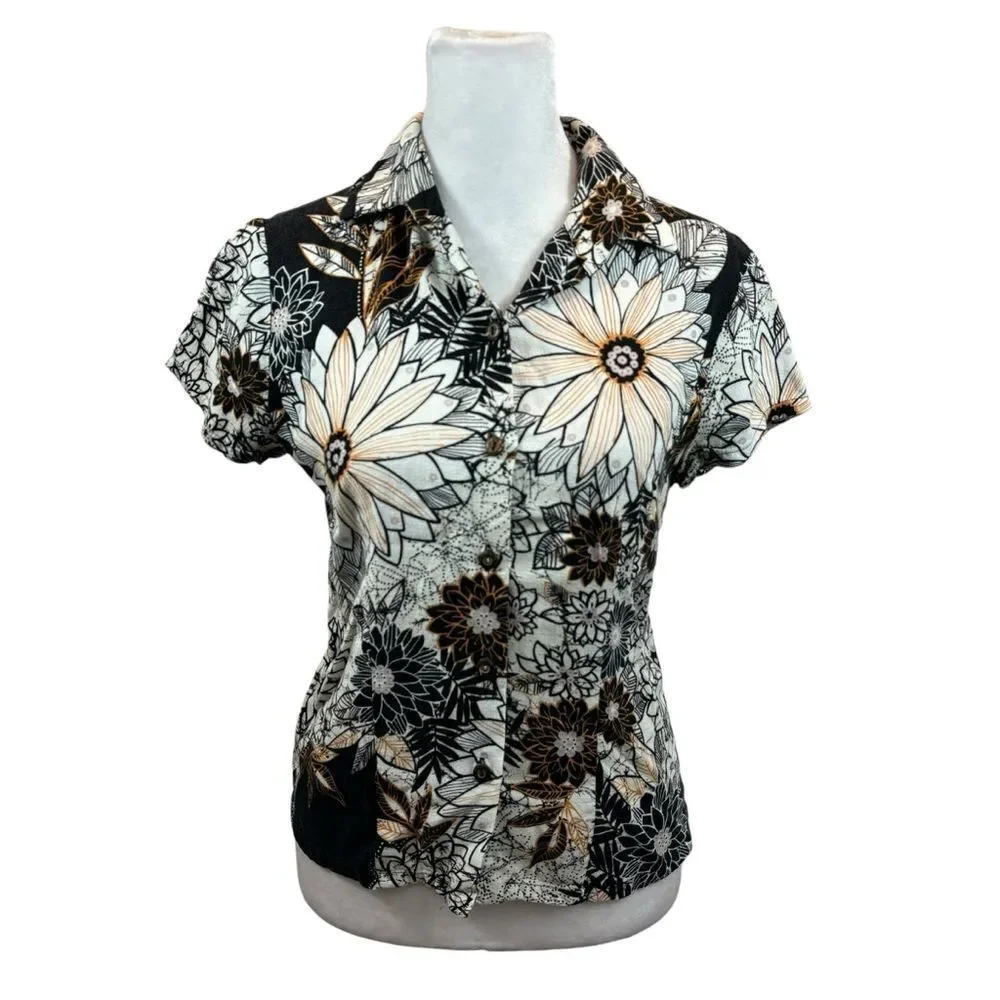 Ladies‎ Vintage Hawaiian Iolani Brand Floral Short Sleeve Button Down Shirt XS